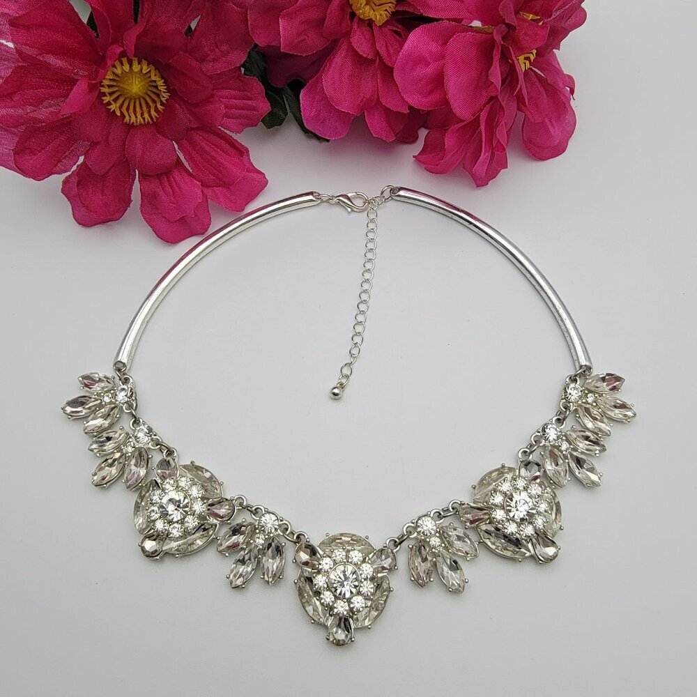 Art Deco Silver-Tone Clear Crystal Floral Tube Bib Necklace 17.5 Inch Adjustable